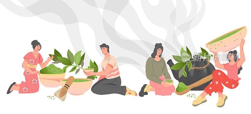 Banner with ceremony of drinking green and Matcha tea, flat vector illustration.